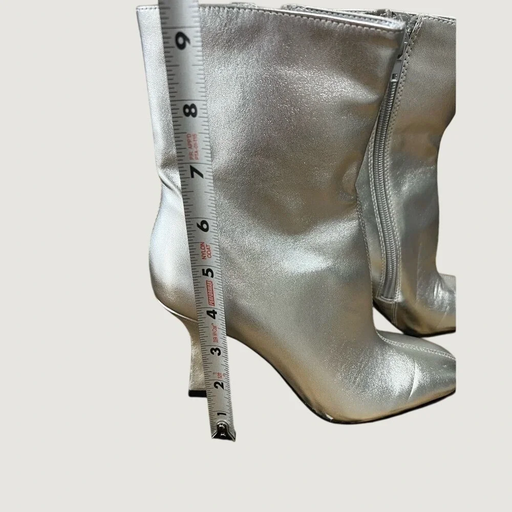 Open Edit Silver Metallic‎ Square Toe Flared Kitten Heel Ankle Boots Womens 5M
